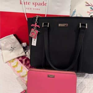 Kate Spade Handbag Set (black leather satchel, keychain, wallet, and 3 scarfs)